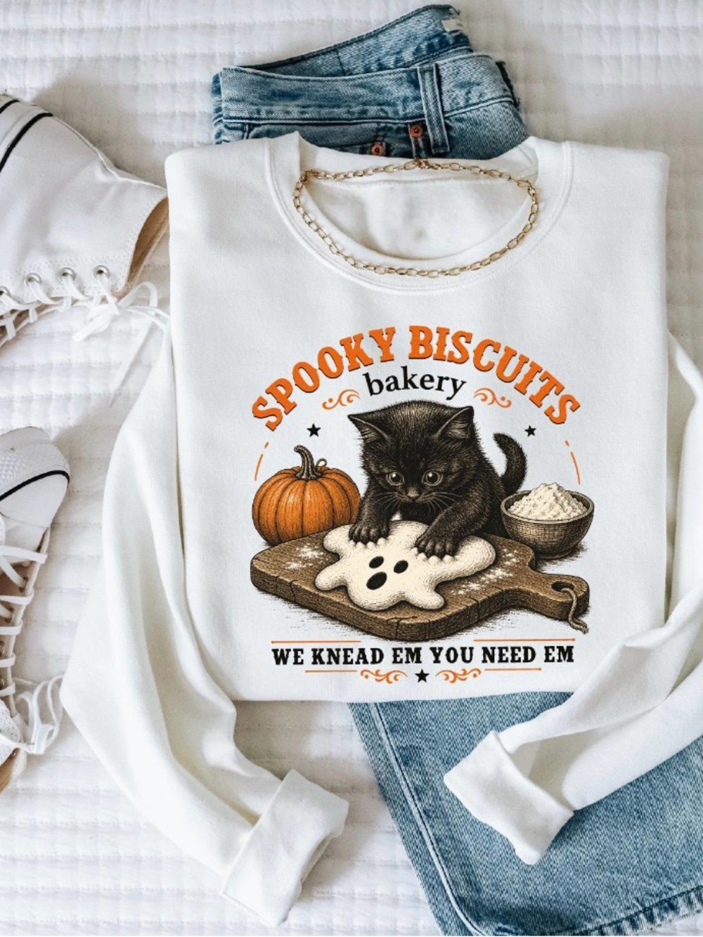 🎃 Spooky Biscuit Cat Custom Gildan Crew neck Sweater 🐈⬛🍪